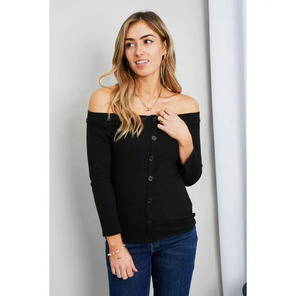Culture Code Buttoned Off-Shoulder Ribbed Top - Picture 3 of 7